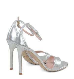 AVA - Sandały na szpilce srebrne z licowej skóry - po skosie