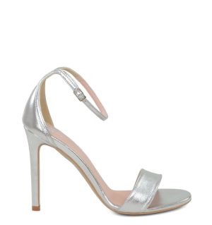 AVA - Sandały na szpilce srebrne z licowej skóry - bokiem