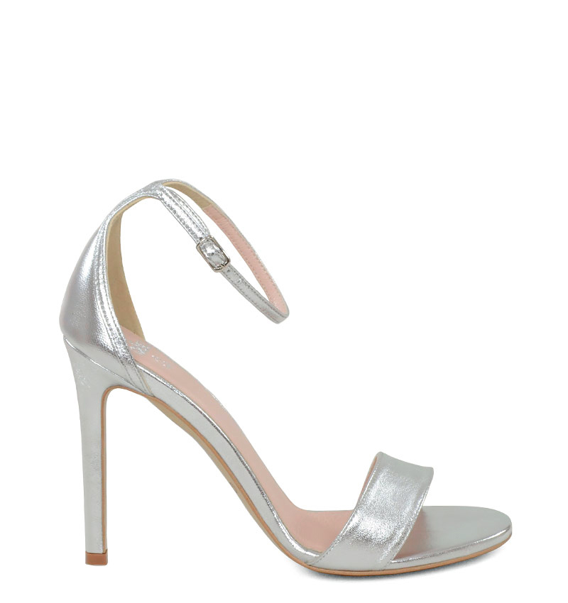 AVA - Sandały na szpilce srebrne z licowej skóry - bokiem