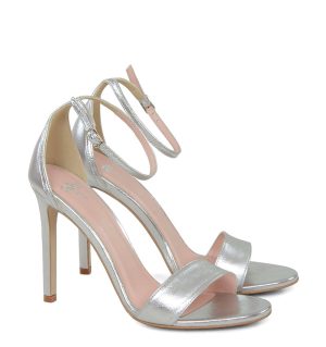 AVA - Sandały na szpilce srebrne z licowej skóry - po skosie