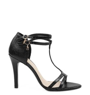 GASSU ERIN - Czarne sandałki na szpilce z lakierowanej tłoczonej skóry - bokiem