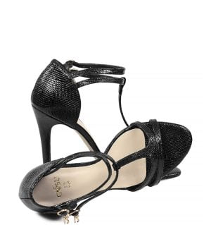 GASSU ERIN - Czarne sandałki na szpilce z lakierowanej tłoczonej skóry - z przodu