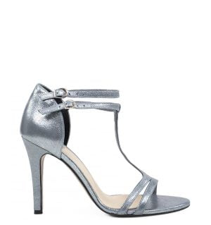 GASSU ERIN - Srebrne sandałki na szpilce z metalizowanej skóry - bokiem
