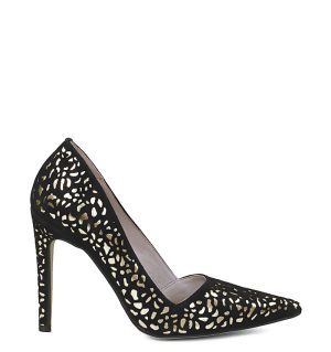 GASSU MANON - Czarno złote szpilki zamszowa skóra - bokiem