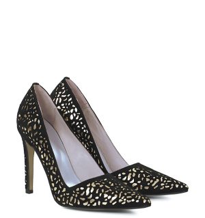 GASSU MANON - Czarno złote szpilki zamszowa skóra - po skosie