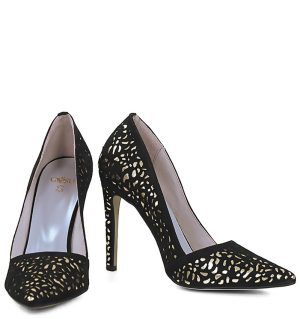 GASSU MANON - Czarno złote szpilki zamszowa skóra - z przodu