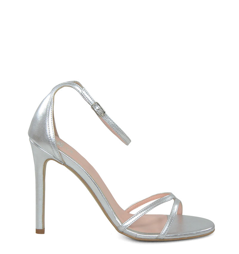 GASSU SOPHIA - Sandały srebrne szpilki z licowej skóry - bokiem