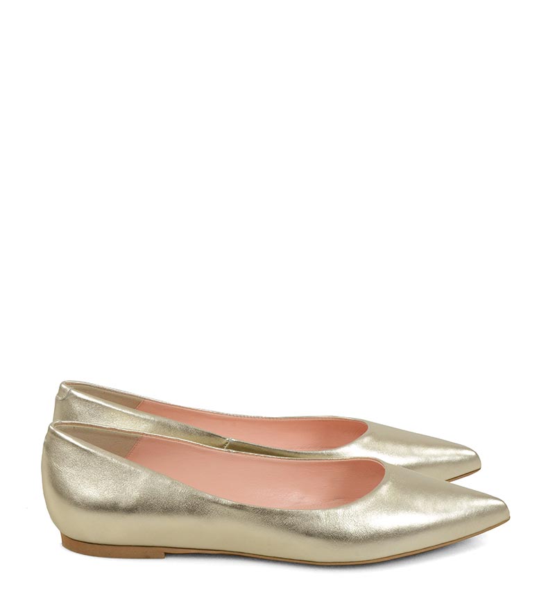 EMILY - Złote baleriny z licowej skóry nosek w szpic - bokiem