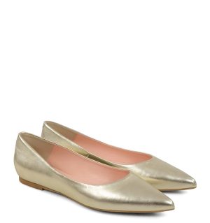 EMILY - Złote baleriny z licowej skóry nosek w szpic - po skosie