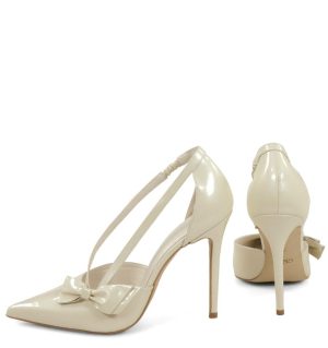 EMMA - Szpilki ecru perła z paseczkami i kokardką -z tyłu