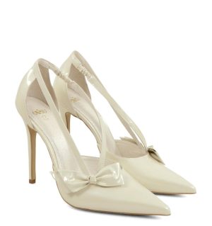 EMMA - Szpilki ecru perła z paseczkami i kokardką - po skosie