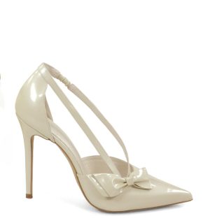 EMMA - Szpilki ecru perła z paseczkami i kokardką - bokiem