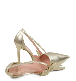 EMMA - Szpilki złote licowe z paseczkami i kokardką - z przodu