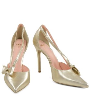 EMMA - Szpilki złote licowe z paseczkami i kokardką - z przodu