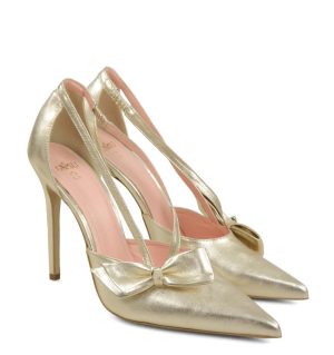 EMMA - Szpilki złote licowe z paseczkami i kokardką - po skosie