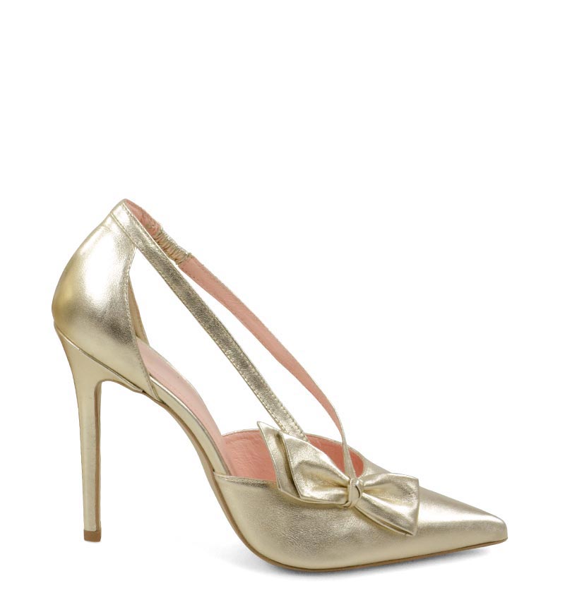 EMMA - Szpilki złote licowe z paseczkami i kokardką - bokiem