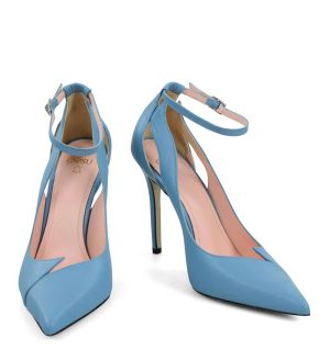 TESS - Szpilki niebieskie z licowej skóry z paskiem i wycięciami - z przodu