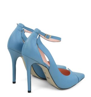 TESS - Szpilki niebieskie z licowej skóry z paskiem i wycięciami - po skosie