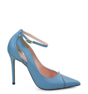 TESS - Szpilki niebieskie z licowej skóry z paskiem i wycięciami - bokiem