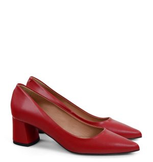 ADEL- Czerwone czółenka na słupku z licowej skóry - po skosie