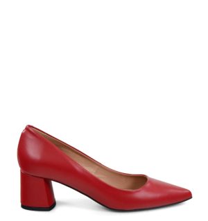 ADEL- Czerwone czółenka na słupku z licowej skóry - bokiem