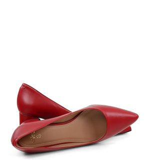 ADEL- Czerwone czółenka na słupku z licowej skóry - z przodu