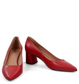 ADEL- Czerwone czółenka na słupku z licowej skóry - z przodu