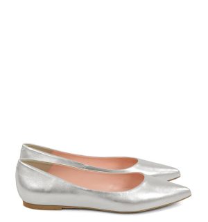 EMILY - Srebrne baleriny z licowej skóry nosek w szpic - bokiem