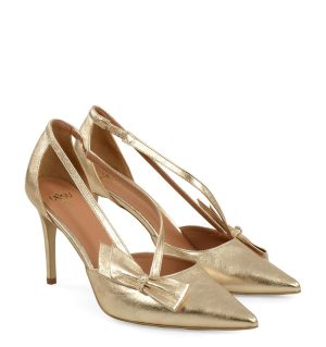 IDA - Złote szpilki z paseczkami i kokardką - po skosie