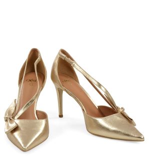 IDA - Złote szpilki z paseczkami i kokardką - z przodu