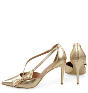 IDA - Złote szpilki z paseczkami i kokardką - z tyłu