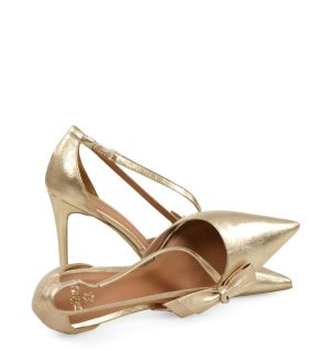 IDA - Złote szpilki z paseczkami i kokardką - z przodu