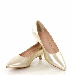 JESSICA - złote licowe szpilki niski obcas - z przodu