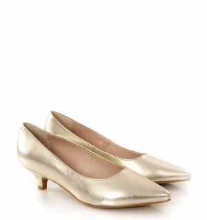 JESSICA - złote licowe szpilki niski obcas - po skosie