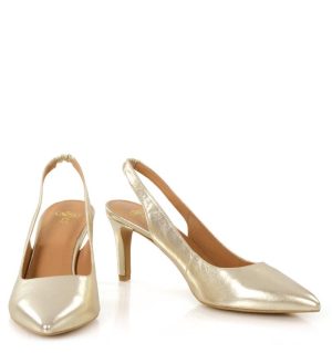 MAYA - złote szpilki na niskim obcasie - z przodu