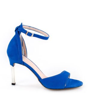 MEGAN - Niebieskie sandały platynowa szpilka zamszowa skora - bokiem