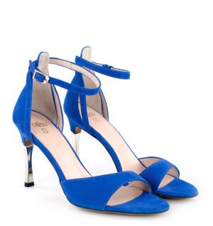 MEGAN - Niebieskie sandały platynowa szpilka zamszowa skora - po skosie