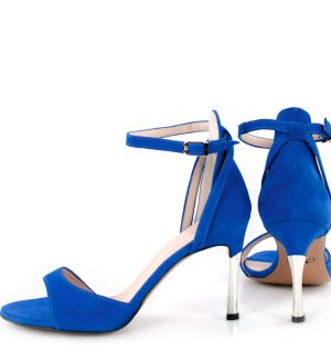 MEGAN - Niebieskie sandały platynowa szpilka zamszowa skora - z tyłu