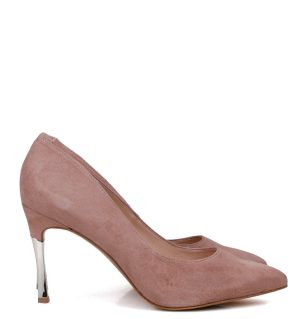 TRISH - Beżowo-różowe czółenka zamszowe na złotej szpilce - obrazek 4