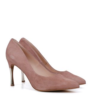 TRISH - Beżowo-różowe czółenka zamszowe na złotej szpilce - obrazek 5