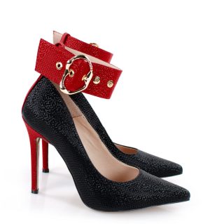 GLORIA - Czarne szpilki z czerwonym paskiem - bokiem