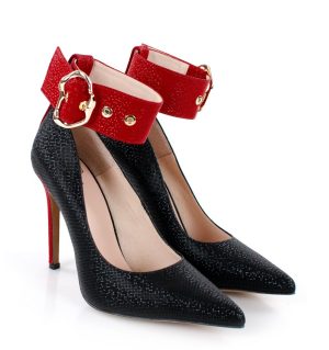 GLORIA - Czarne szpilki z czerwonym paskiem - po skosie