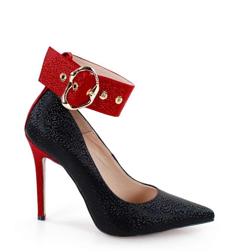 GLORIA - Czarne szpilki z czerwonym paskiem - bokiem