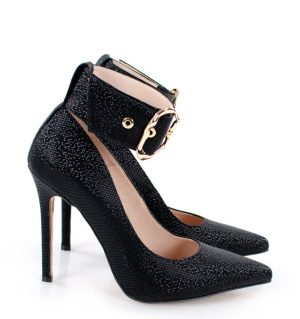 GASSU GLORIA wizytowe, czarne szpilki i z szerokim paskiem - bokiem