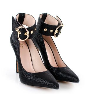 GASSU GLORIA wizytowe, czarne szpilki i z szerokim paskiem - po skosie