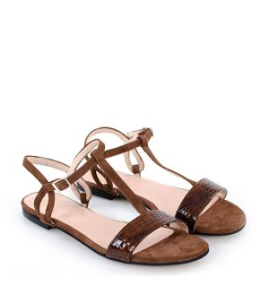 Janet - Letnie, ciemno brązowe sandałki na płaskim obcasie - po skosie