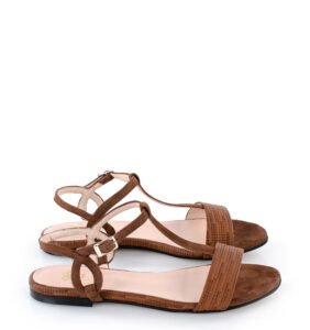 Janet - Letnie, ciemno brązowe sandałki na płaskim obcasie - bokiem