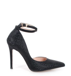 czarne szpilki z paseczkiem nad kostką błyszczące - bokiem