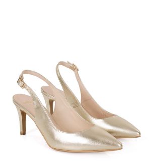 POLA - złote szpilki na niskim obcasie z odkrytą piętą - po skosie