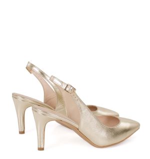 POLA - złote szpilki na niskim obcasie z odkrytą piętą - po skosie